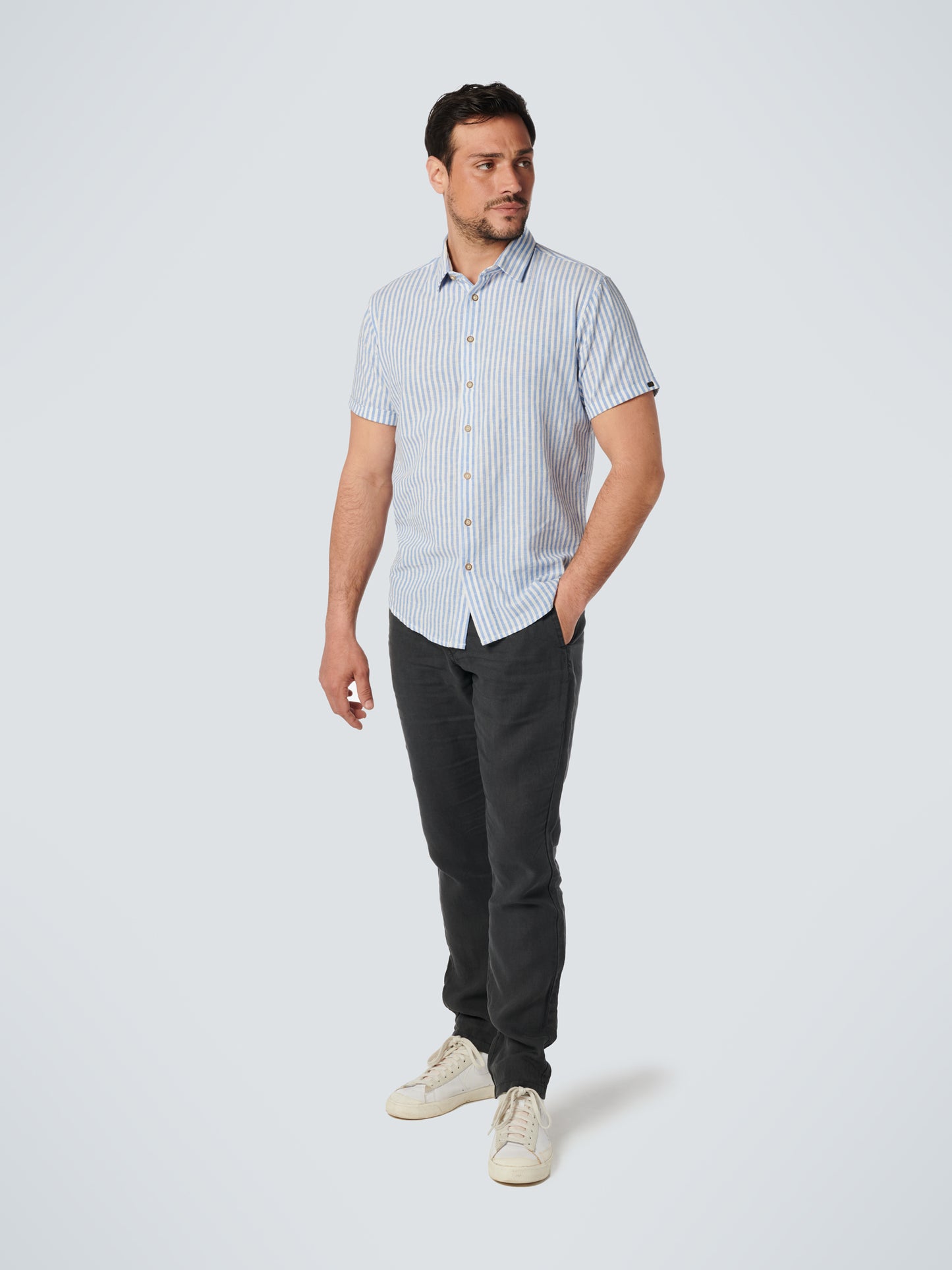 No Excess - Linen Striped Short Sleeved Shirt - Washed Blue