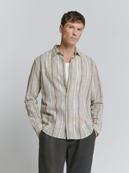 No Excess - Coloured Stripes Slub Shirt - Blue