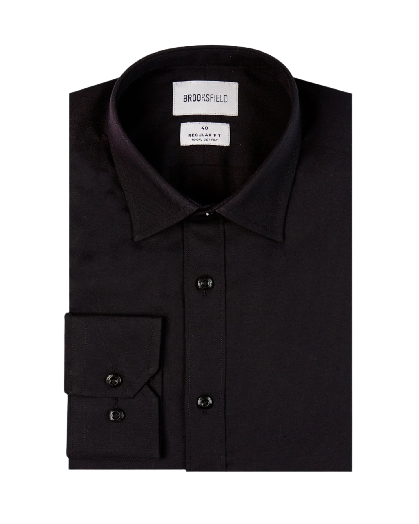 Black dress shirt with 'Brooksfield' label on a white background
