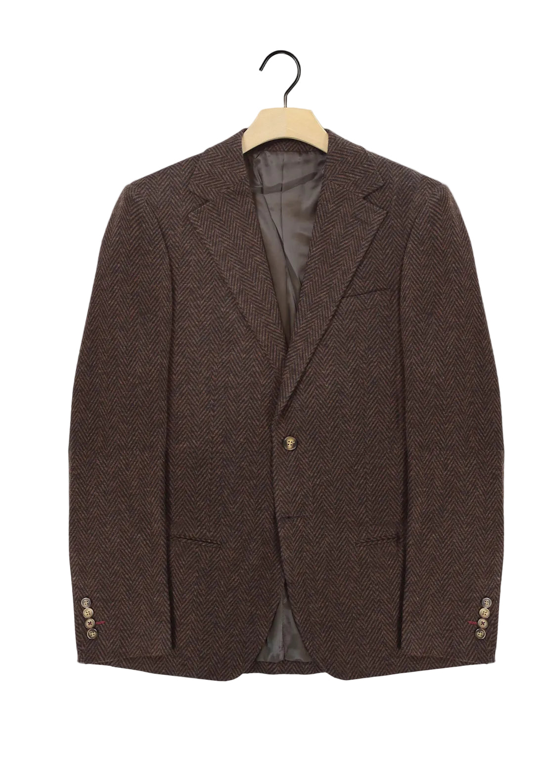 Brown blazer on a hanger against a gray background