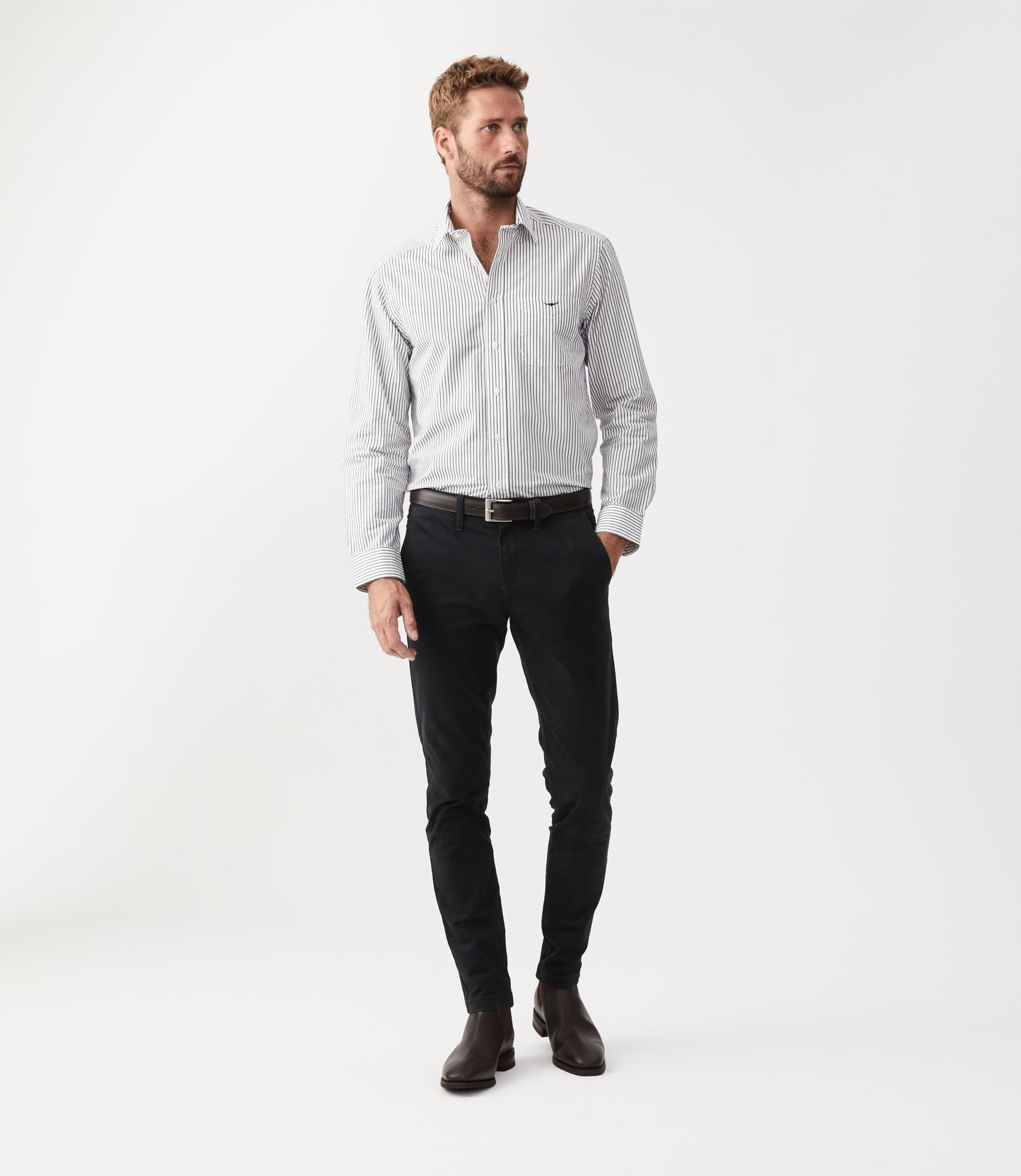 R. M. Williams Collins Shirt - White/Navy Stripe