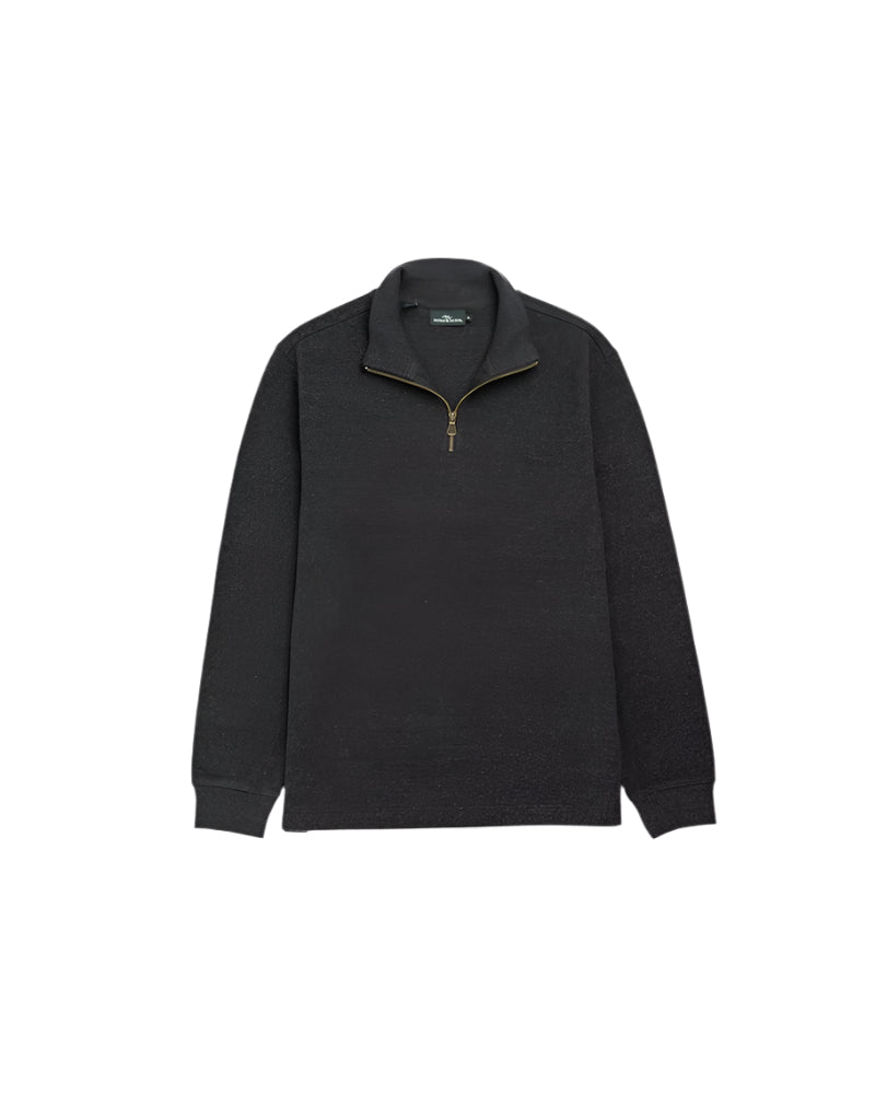 Dark gray zip-up sweater on a light gray background