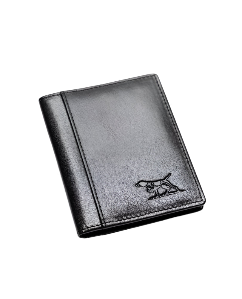 Black leather wallet with a logo on a light gray background