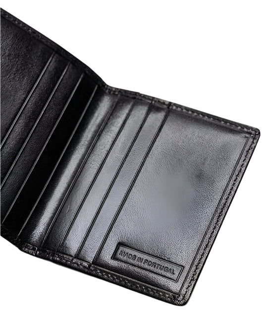 Black leather wallet with visible brand logo on a light gray background