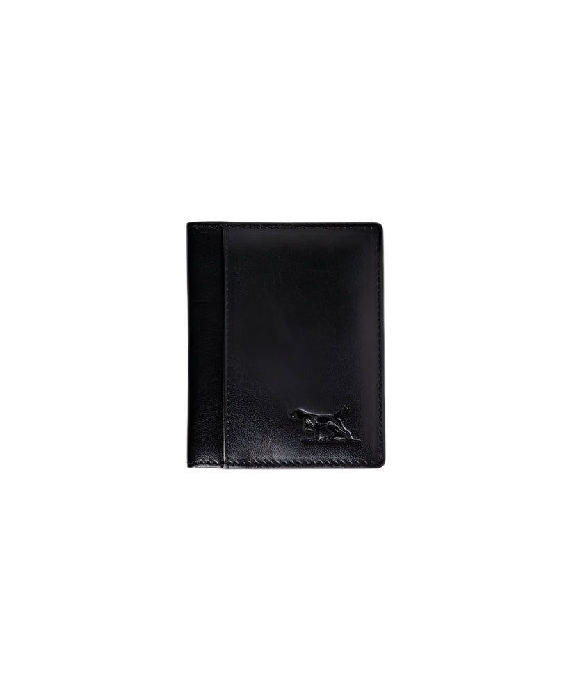 Black leather wallet with a brand logo on a light gray background