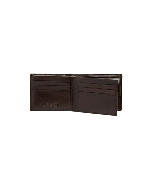 Brown leather wallet on a light gray background