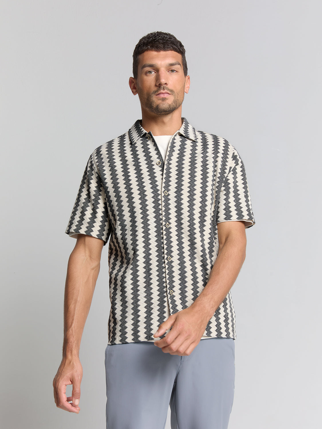 No Excess - Knitted Jersey Short Sleeved Shirt - Off White Stripe
