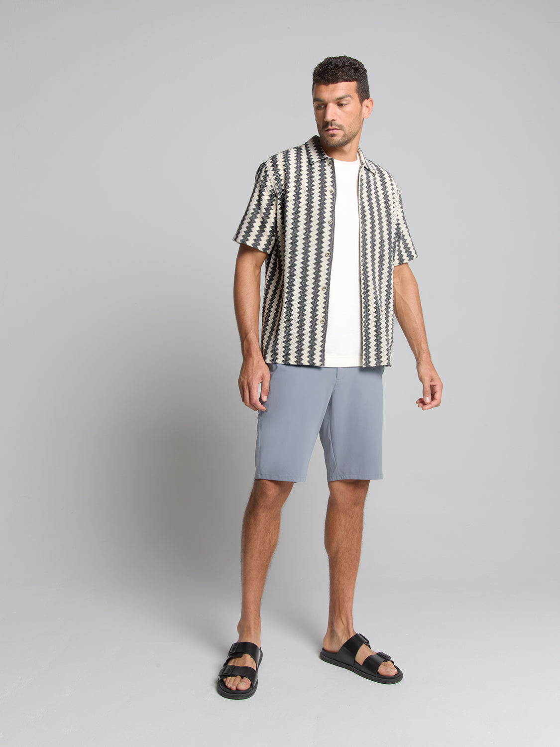 No Excess - Knitted Jersey Short Sleeved Shirt - Off White Stripe