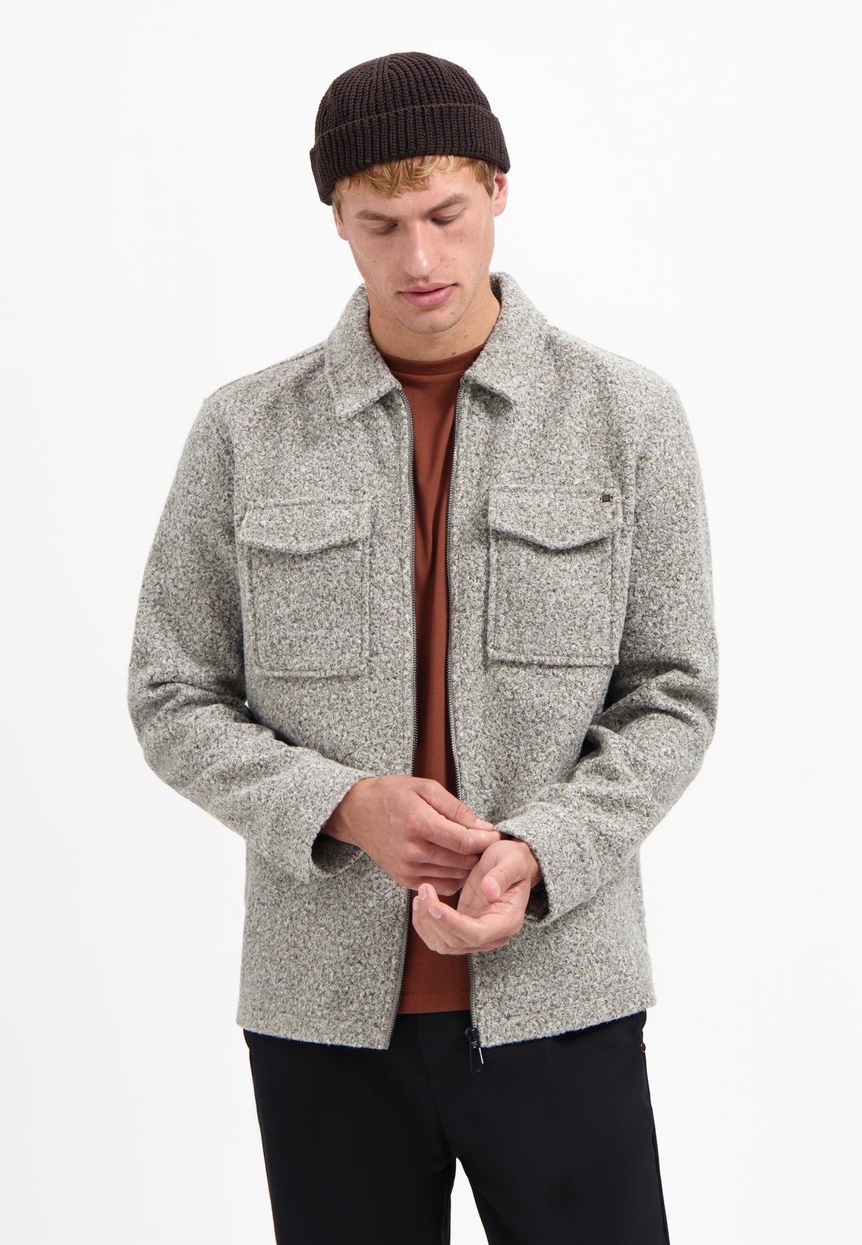 No Excess - Wool Look Zip Overshirt - Grey Melange