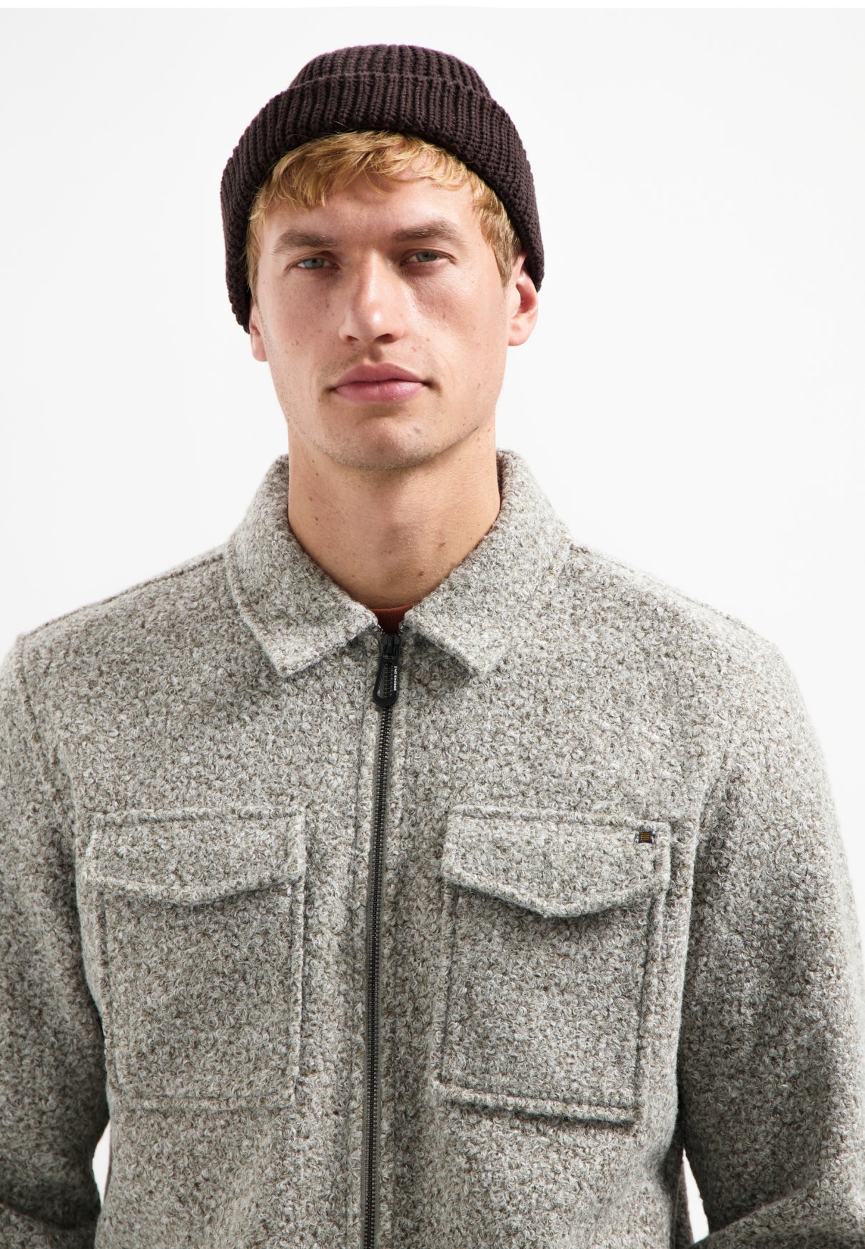 No Excess - Wool Look Zip Overshirt - Grey Melange