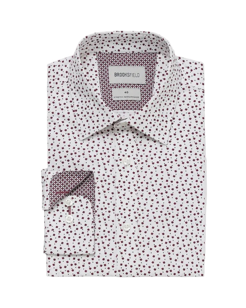White dress shirt with red geometric pattern on a white background
