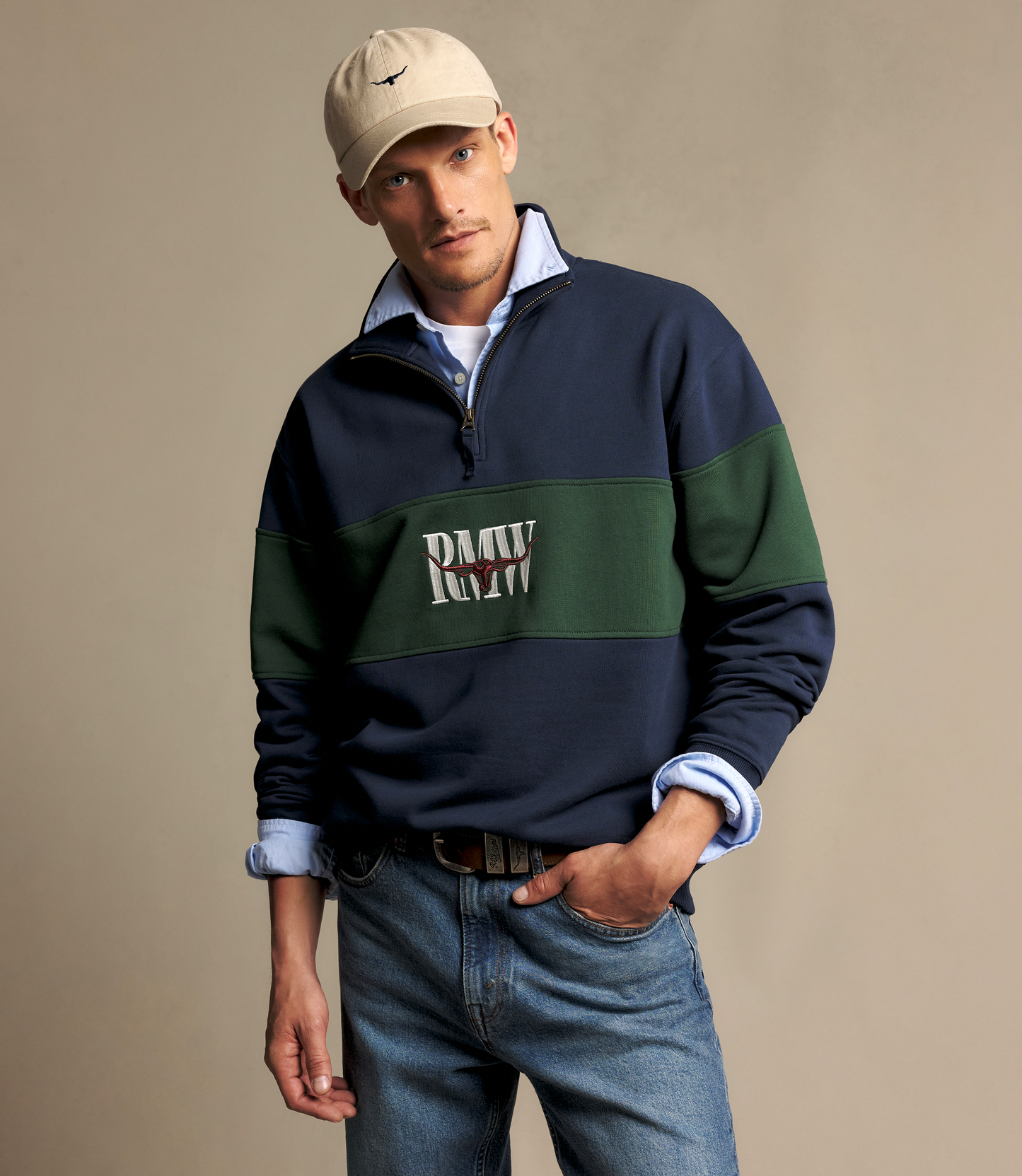 R M Williams - Heritage Panel Zip Sweatshirt - Navy/Green