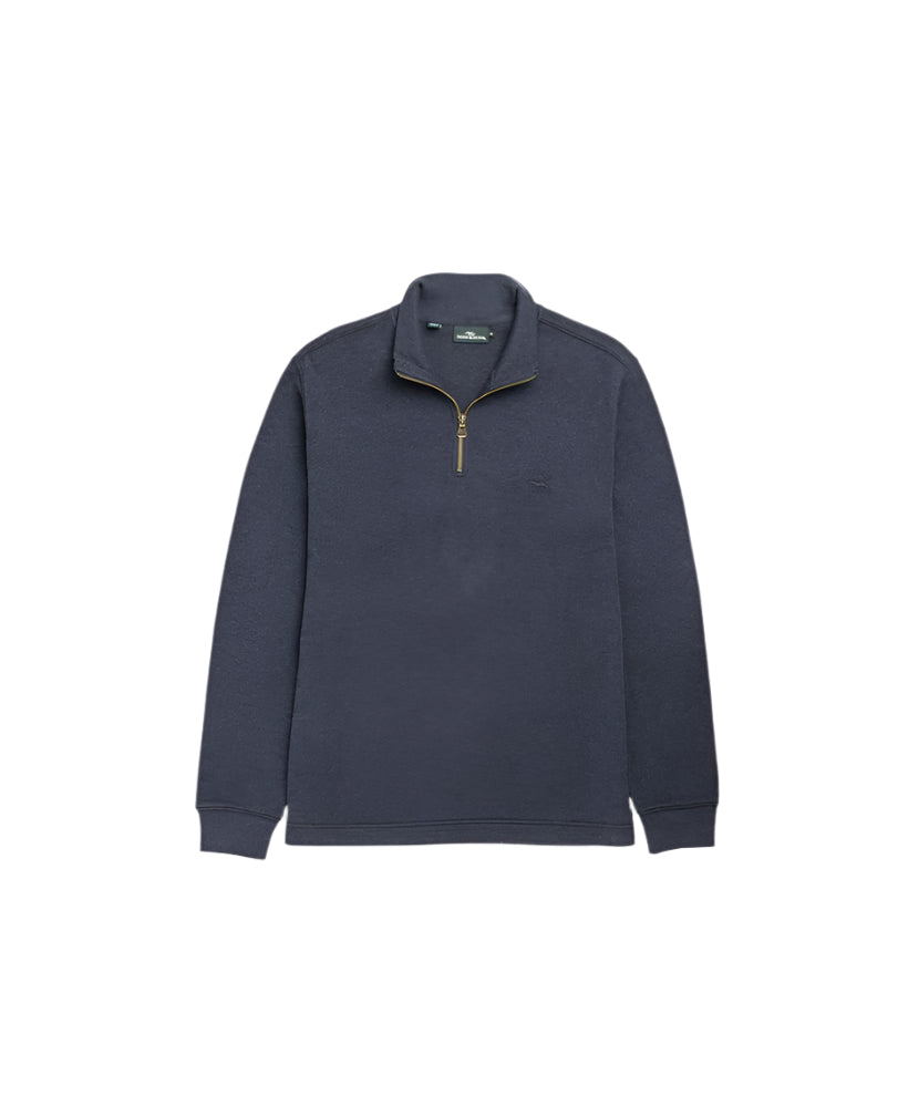 Navy blue pullover with a zipper on a light gray background
