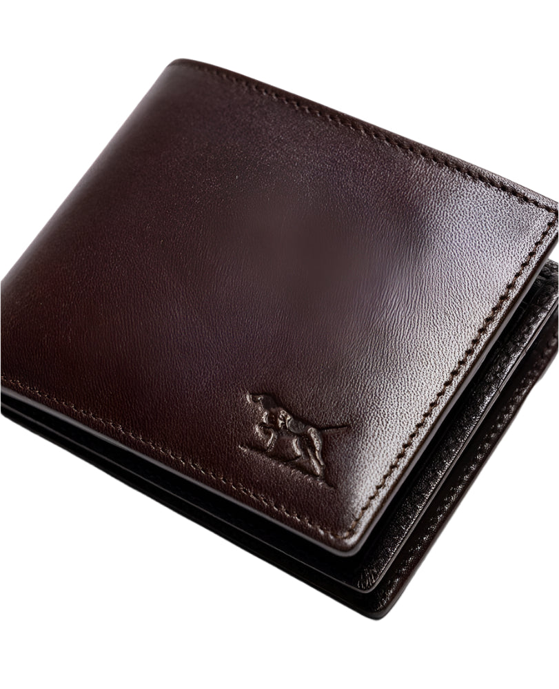Brown leather wallet with a brand logo on a light gray background