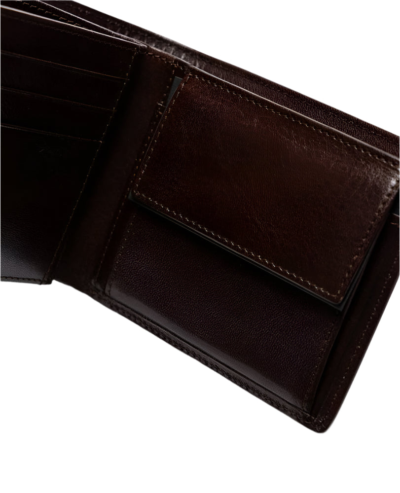 Close-up of a brown leather wallet on a white background