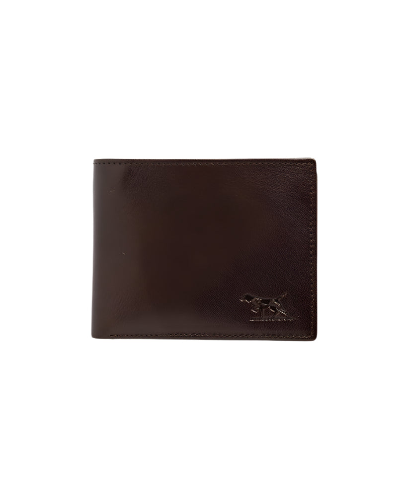 Brown leather wallet with a brand logo on a light gray background
