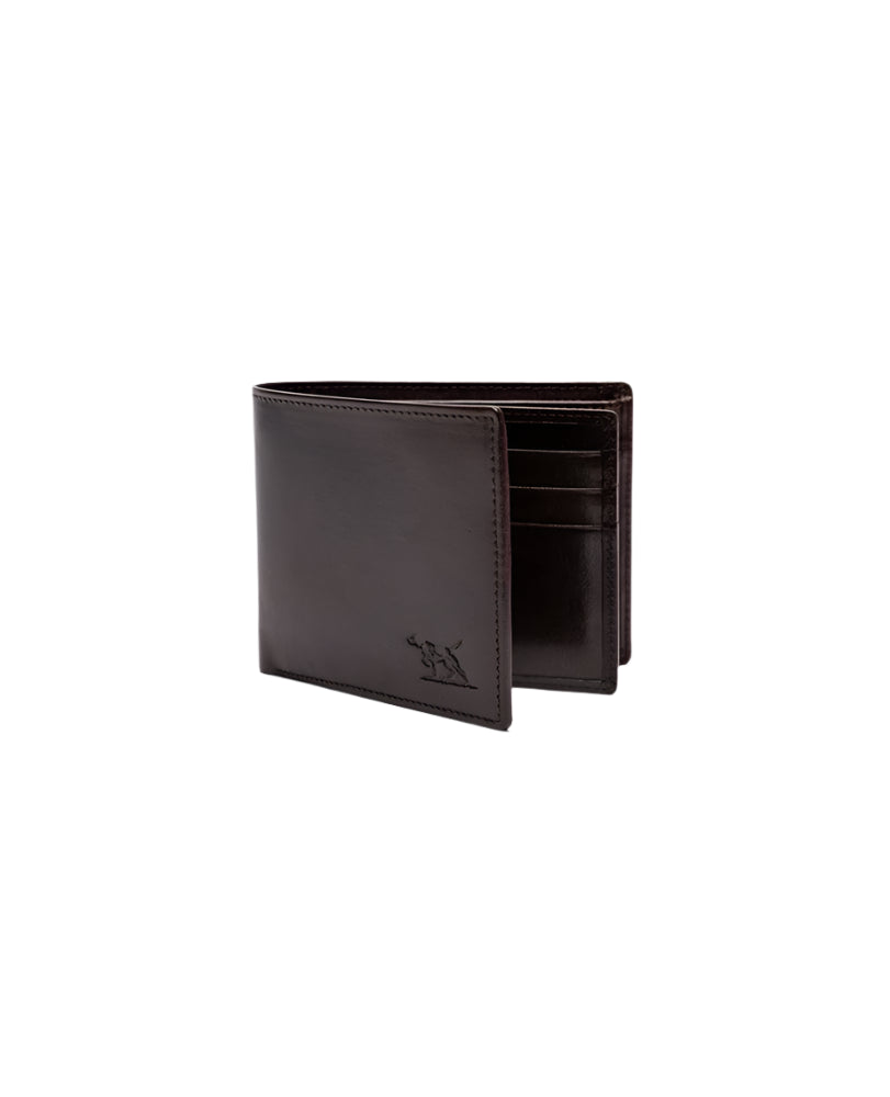 Brown leather wallet with a brand logo on a light gray background
