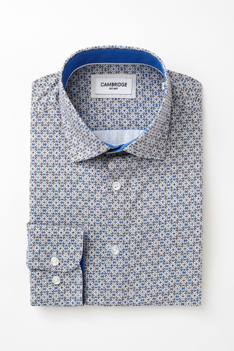 Cambridge - Sorrento Shirt - Blue/Taupe Geo