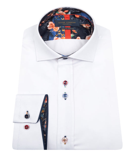Guide London - Cotton Stretch Shirt - White With Contrast Collar